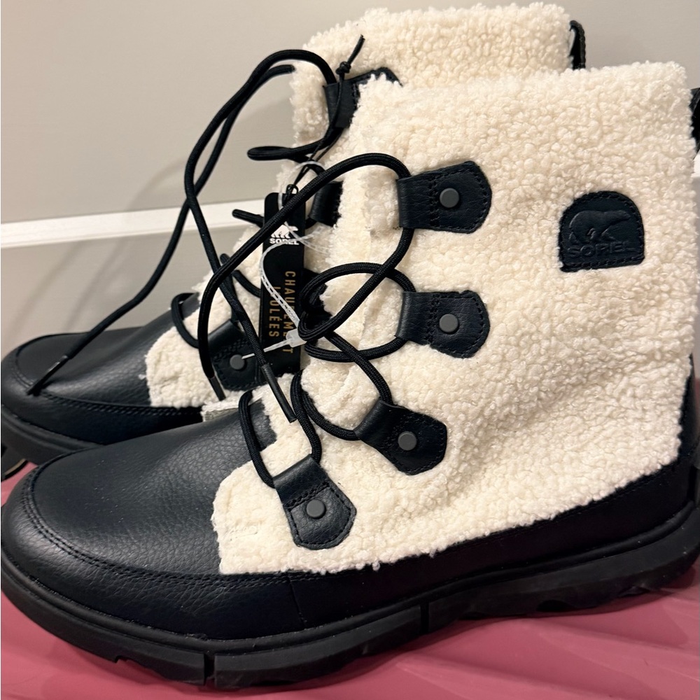 Sorel Black and Cream Sherpa Lace-Up Ankle Boots